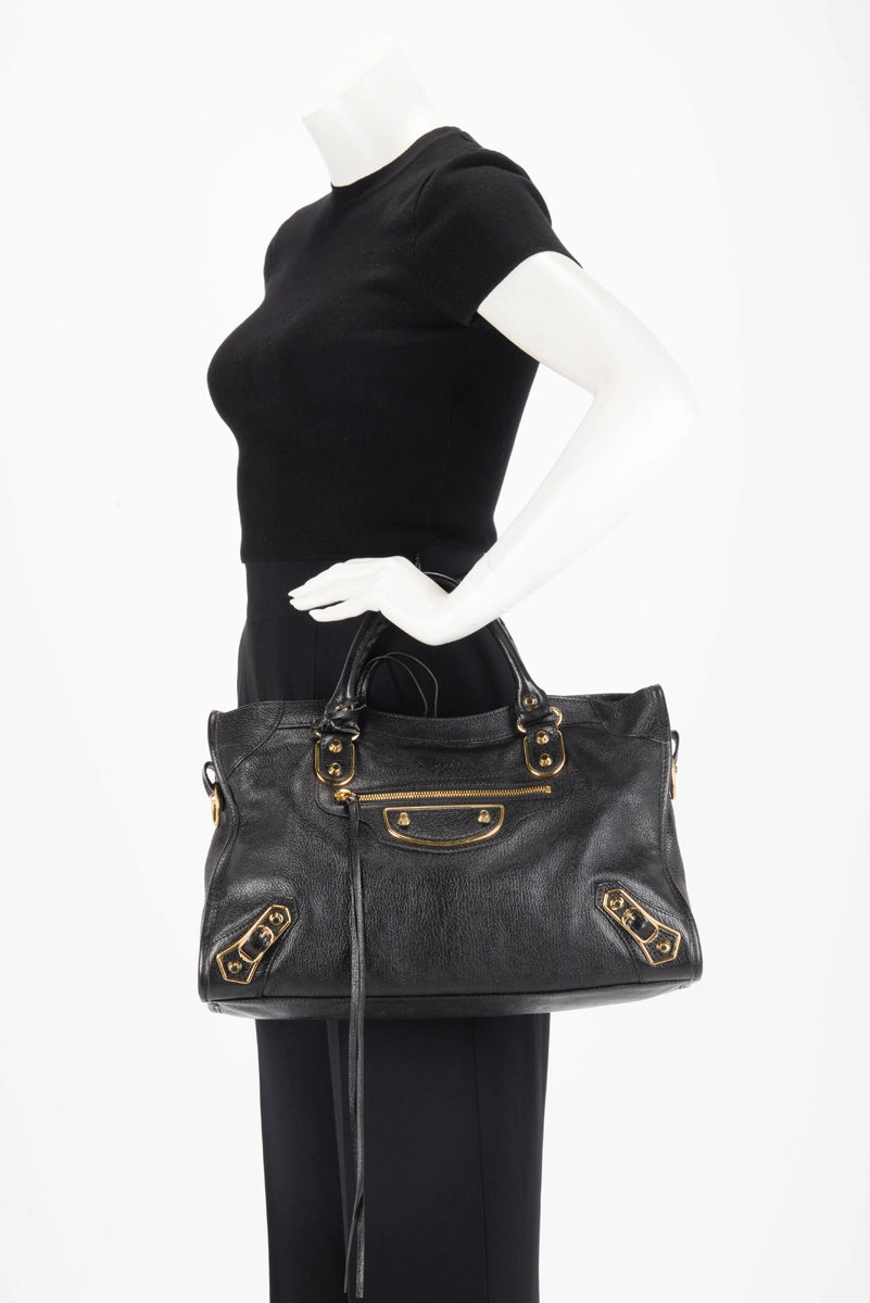 Balenciaga Black Chevre Metallic Edge City Bag